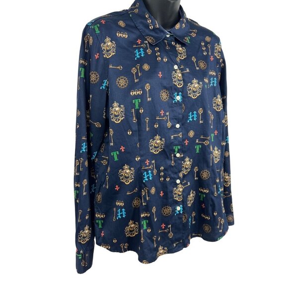 Tommy Hilfiger Women Large Button Up Collar Blouse Top Royal Crest Key Navy - Picture 2 of 9